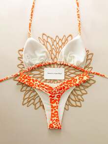 2pcs/Set Leopard Print Sexy Lace-Up Backless Swimwear Bikini, Suitable For Vacation, Beach, Stage Performance & Concert In Summer - Orange-red - View 2