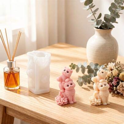可爱叠叠猫咪蜡烛模具 - 3D硅胶双猫造型，适用于DIY香薰蜡烛、香皂、树脂工艺品 - 家居装饰及礼品