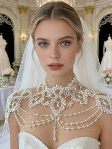ZHENGHEN Elegant Pearl Strand Shoulder Chain, Bridal Jewelry, Fashion Accessory, Great Birthday Gift - White - View 3