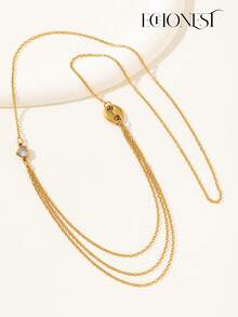 1pc High Quality Stainless Steel Gold-Tone Zirconia Stone Studded Y-Necklace, Suitable For Gala Events And Parties - Yellow Gold - View 6