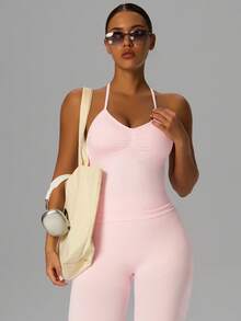 Yefecy Impact Long Strap Sports Crop Top, With Logo, Backless Design, Women's Activewear, Built-In Ruched Sports Bra, Removable Pads, Yoga Camisole Pink Spring - 粉色 - 查看 3