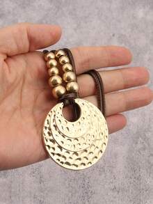 1 Peça Colar Elegante e Fashionista de Círculo Ondulado Dourado e Prateado, Colar de Pingente de Contas Personalizado Boêmio, Presente de Joias para Amigos e Família, Acessório Diário para Festa, Praia, Viagem - Corda de cera - Visão 3