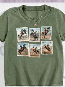 Summer Tops2026Washed Women's T-Shirt, Rodeo T-Shirt, Wild Horse Western Cowboy Shirt, Vintage Rodeo Stamp T-Shirt, Comfortable Street  Style, Autumn Shirt, Casual Street Style T-Shirt, Local Warehousesummer Clothes Washed Cotton - 橄欖綠 - 查看 1