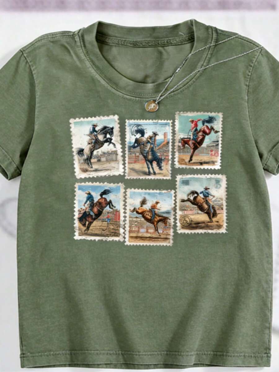Summer Tops2026Washed Women's T-Shirt, Rodeo T-Shirt, Wild Horse Western Cowboy Shirt, Vintage Rodeo Stamp T-Shirt, Comfortable Street  Style, Autumn Shirt, Casual Street Style T-Shirt, Local Warehousesummer Clothes Washed Cotton - 橄欖綠 - 查看 1
