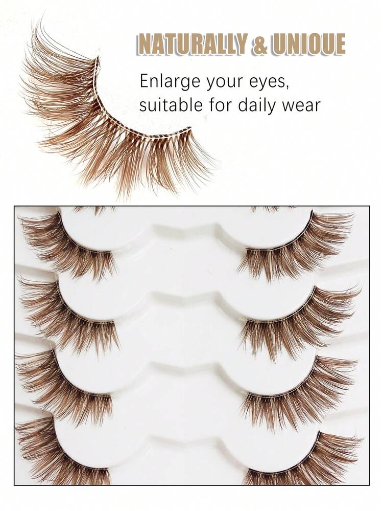 Asiteo 7 Pairs Brown Half-Strip False Eyelashes, Cat Eye Natural Makeup Effect, Transparent Stem, Winged Lashes, 3/4 Corner Lashes, Soft 3d Faux Mink Eyelashes Wispy Fluffy Faux Mink Lashes Eyelash Extension Tool For Daily Wear And Vocation - Brown - View 2