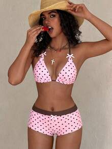 Women's Swimwear; Sexy & Fashionable; Pink 2-Piece Swimwear; Summer Beach; Bikini Set; Plaid Print; Bow Decor; Sexy Women's Swimwear, Fashionable Swimwear Suitable For Swimming Pool Party Holiday; Women's Swimwear, Women's Swimwear, Bikini Vacation - Pink Coffee Color - View 1