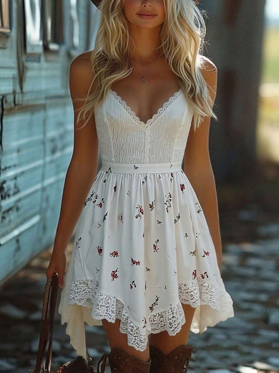 Women Boho Short Cami Dress With Frill Detail Sleeveless Flared Hem And Delicate Lace Trim - trắng - Xem 1