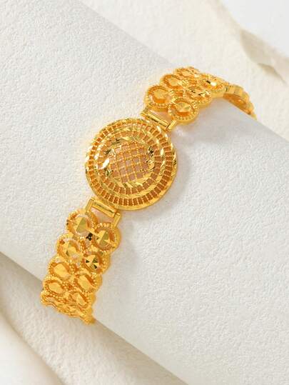 1pc Middle Eastern Saudi Arabian Style Hollow Round Gold-Plated Copper Chain Bracelet, Gift For Family And Friends