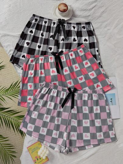 3条装加大码女式时尚休闲家居裤，格子爱心图案直筒短裤，3条装加大码休闲短裤