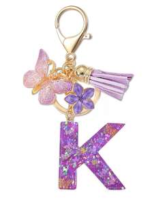 1个紫色蝴蝶字母钥匙扣，饰有闪亮亮片、流苏和珐琅花朵吊坠，时尚手提包挂件，母亲节礼物 - 淡紫色 - 查看 28