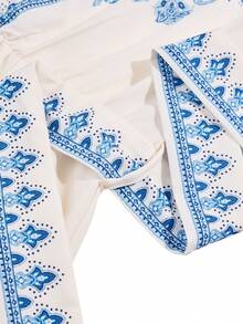 abyoxi 女士蓝色长袖V领单排扣A字摆长连衣裙，复古优雅，适合节日、正式晚宴，春夏长款连衣裙 - 藍色 - 查看 9