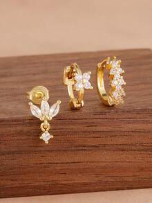 3PCS Fashion Unique Cubic Zirconia Four-Petal Flower Hoop Earring Sets For Women 18K Gold Plated Temperament Stud Earring Cartilage Piercing Jewelry - 3PCS-gold - View 1