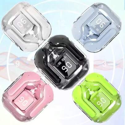 Auriculares inalámbricos Bluetooth transparentes, auriculares inalámbricos estéreo, pantalla LED de energía, estuche de carga tipo C, adecuado para todos los teléfonos inteligentes, aplicable para juegos, música, deportes al aire libre/negocios, adultos, micrófono capacitivo, batería recargable de 150mAh, batería de polímero de ión de litio