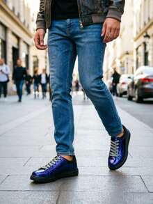 男士运动鞋 金属银色厚底运动鞋 亮片鞋带 墨迹泼墨鞋底 时尚休闲鞋 - 藍色 - 查看 3