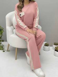 2pcs/Set Women Casual Round Neck Heart Pattern Long Sleeve Top And Pants Suit, Autumn/Winter Spring - Pink 2 - View 4