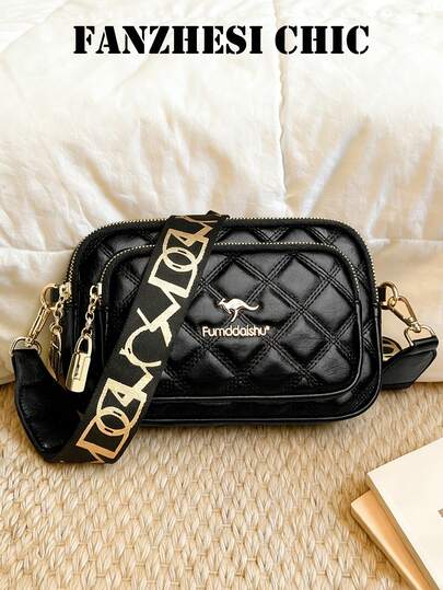 新款时尚经典百搭纯色PU防水面料菱形图案设计复古金属动物标志图案单肩包方形包字母图案装饰设计女士钱包斜挎包适合购物。节日礼品之选