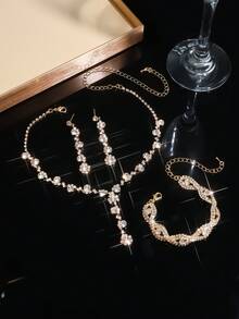 3pcs Set Elegant Necklace, Earrings, Bracelet, Floral Design With Rhinestones, Suitable For Women's Daily Wear, Weddings, Parties And Other Occasions - Gold - View 2