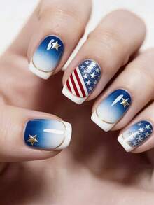 24 móng tay giả vuông cỡ trung bình kiểu Pháp, màu xanh dương và trắng kiểu Y2K, kiểu cờ Mỹ, móng tay giả acrylic tái sử dụng, phụ kiện làm móng giả, tặng kèm 24 miếng dán gel và một dũa mini. - Xanh đậm - Xem 7