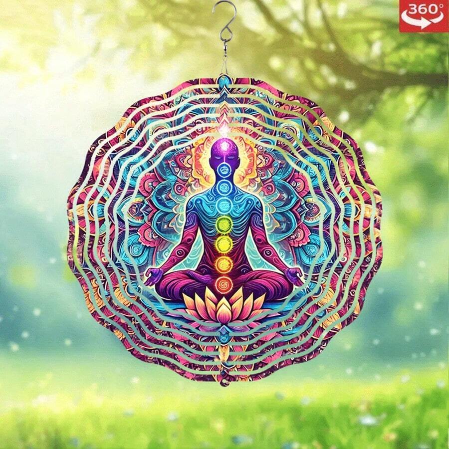 1 clopoțel de vânt cu design metalic acționat de vânt, model Mandala de 25x25 cm cu figură meditativă colorată, cârlig rotativ la 360°, potrivit pentru interior, curte, grădină, terasă, decorare (pandantivul nu este inclus), stil aleatoriu
