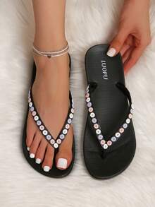 LUOFU Women's Ditsy Floral Decor Thick Sole Flip Flops, Resort Style Black Slippers, Fashionable Outdoor Casual Ladies EVA Waterproof Anti-Slip Summer Sandals - 黑色 - 查看 1