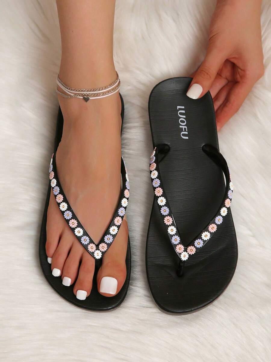 LUOFU Women's Ditsy Floral Decor Thick Sole Flip Flops, Resort Style Black Slippers, Fashionable Outdoor Casual Ladies EVA Waterproof Anti-Slip Summer Sandals - 黑色 - 查看 1