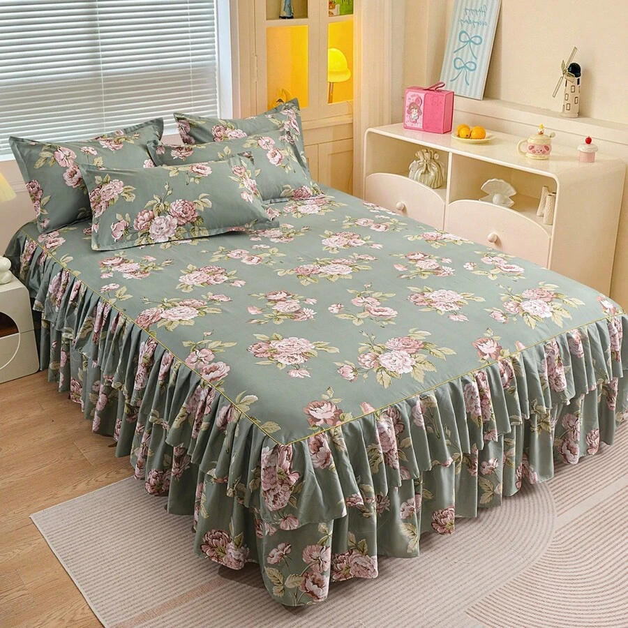 Juego de 3 piezas de falda de cama con volantes dobles de estilo minimalista y moderno con estampado floral, ropa de cama para dormitorio (1 falda de cama, 2 fundas de almohada, sin núcleo interior) - verde menta - Ver 1
