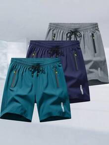 3-Pack Of Men's Stylish Athletic Shorts With Black Drawstring Design And Zippered Pockets, Perfect For Summer Workouts And Outdoor Activities - Xanh dương + Xanh hải quân + Xanh lá cây - Xem 8
