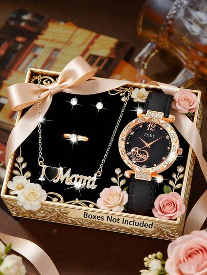 SOKI SOKI 1 Set Reloj de mujer para el Día de la Madre, reloj de cuarzo casual y de moda con collar minimalista "Amo a mamá", aretes y anillo, adecuado para uso diario, regalo de cumpleaños, regreso a la escuela, Acción de Gracias, ocasiones románticas, regalo perfecto (sin caja de regalo)