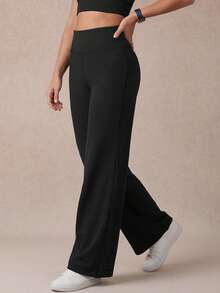 1 pieza Pantalones rectos casuales de cintura alta de color negro sólido y simple para mujer, con bolsillo oculto multifuncional en la parte trasera de la cintura, cómodos y elásticos, adecuados para danza, yoga, pilates, ocio al aire libre, primavera/otoño/verano - Negro - Ver 6