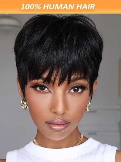 时尚6英寸短直发层次感真人发假发，180%密度，巴西雷米发，自然逼真，全机织，透气帽，1B色