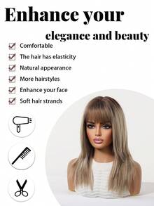 Tóc giả ombre nâu dài trung bình 16 inch có mái, được làm từ sợi tổng hợp chịu nhiệt, dễ đội và dễ bảo quản, phù hợp cho phụ nữ sử dụng hàng ngày, đi nghỉ lễ, dự tiệc và hóa trang. - Màu nâu ombre - Xem 8