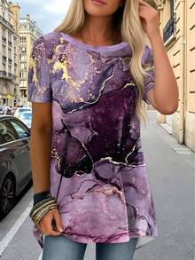 Camiseta de manga corta con estampado de mármol morado para mujer, moda - Morado - Ver 3