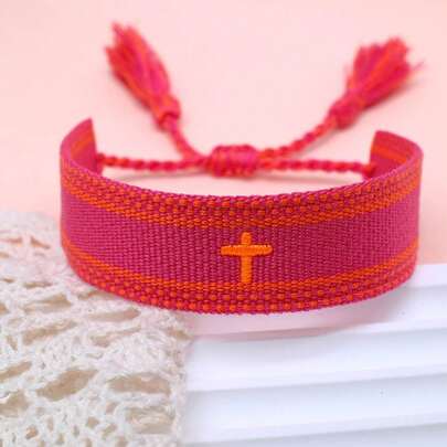 1pc Embroidered Cross Boho Handmade Woven Tassel Bracelet