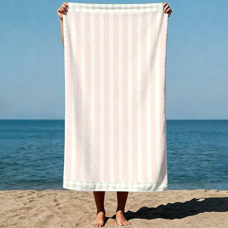 Beach Towels For Swimming Pool Vacation, Microfiber Sand Free Fast Drying Beach Towel - Easter Summer Gift For Adults Women Men Kids Stripe Pattern, Pink And White Vertical Stripes, Vintage Checkered Border, Simple Pastoral Style - 白色 - 查看 1