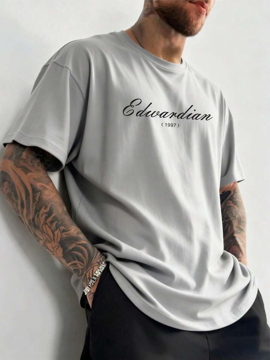 Men's Casual Letter Slogan Print Short Sleeve T-Shirt, Soft And Comfortable Fabric, Light Grey Simple Short Sleeve Tee For Summer - Light Grey - View 1