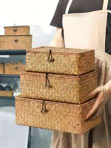 1pc Woven Storage Basket With Lid, Rectangular Wicker Storage Box, Toy Storage Box With Lid, Elegant Home Decor, Kitchen, Bathroom, Bedroom Decor, New Year & Valentine's Day Gift - Brown - View 10