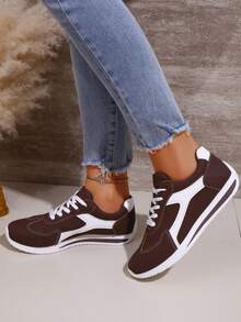 Women's Versatile Casual Sneakers, Round Toe Low-Top, Comfortable Flat, Colorblock, Retro Style, Suitable For All Seasons, Available In Red, Green, Yellow, Size 35-43 Plus Size - Brown - View 7