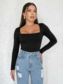Kit 1, 3 Bodysuits, Women's Shaping Bodysuit, Second Skin Style, Square Neckline, Long Sleeves, Basic, High Fashion, Versatile, Elegant, Blogger Style - ĐEN-BEIGE-CÀ PHÊ - Xem 4