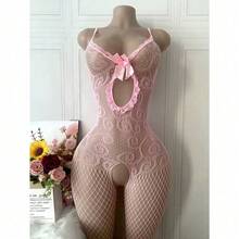 1pc Women's Sexy Semi-Sheer Bodysuit - Adorned With Soft Pink Floral Lace, Elastane Fabric, Crotch And Waist Design, Long Sleeves And Dropped Shoulders - Suitable For Formal/Intimate Occasions, Valentine's Day, Honeymoon - Easy To Clean, Romantic Sleepwear, Elegant Robe, Exquisite Structure, Bridal Lingerie, Bridal Wear - 粉色 - 查看 4