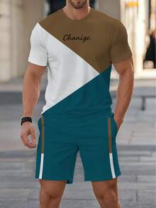 Conjunto casual masculino "Chanige" com estampa geométrica, composto por camiseta de manga curta e shorts. - Multicolorido - Ver 4
