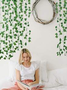 (3/6/12pcs) Decorative Vine, Indoor Decor Artificial Evergreen Ivy Leaves Hanging Wreath, Home Bedroom Wall Wedding Christmas Party Office Garden Outdoor Decoration - Green - View 6