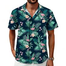 Hawaiian Shirt For Men Tropical Shirts Summer Beach Button Down Short Sleeve Luau Aloha Floral Cruise Vacation Outfit 2026 - 火烈鳥綠 - 查看 1