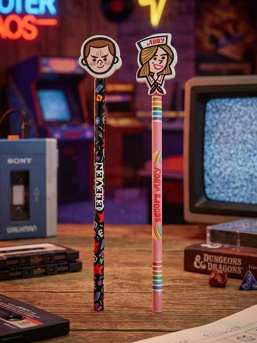 Netflix 2PCS Stranger Things Officially Licensed Scoops Ahoy Robin Buckley And Eleven Pencil Topper Erasers Set Inspired Character Pencil With Built In 3D Eraser Figure School Writing Stationery Collectible Gift For Fans - Multicolor - View 1