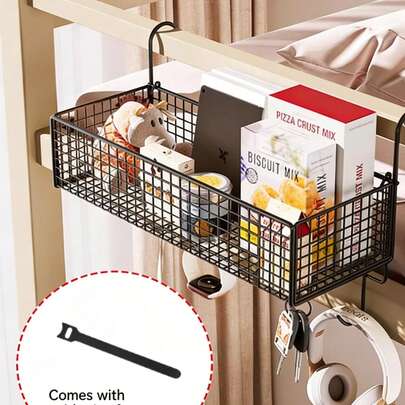 1pc Cast Iron Headboard Hanging Basket, Cast Iron Door Hanging Basket - Black Woven Mesh Storage Rack, Headboard Hanging Iron Rack, Bedside Shelf, Space Saving, Suitable For Storing Fruits, Vegetables, Snacks In Dorm Or Home, Back To School Season