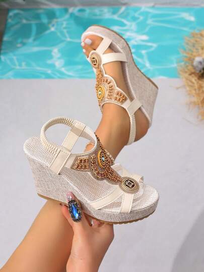 Women's New Summer Wedge Sandals, Thick Sole Lightweight Comfortable, Beaded Decor, Non-Slip, Ideal For Street, Vacation, Beach