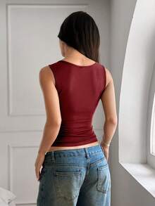 Women's Ribbed Square Neck Button Down Crop Tank Top Asymmetrical Hem Slim Fit Y2K Going Out Top - Red - View 3