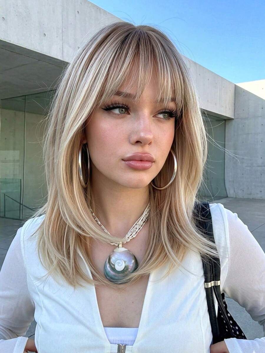 16 Inch Ombre Golden Bangs Medium Length Wig, Made Of Heat-Resistant Synthetic Fiber, Easy To Wear And Maintain, Suitable For Women's Daily Wear, Festivals, Parties And Cosplay