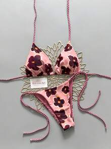 2pcs Retro Floral Colorblock Plaid Print Bikini Swimwear, Suitable For Beach, Pool, Cruise, Party In Spring & Summer Vacation - Watermelon Pink and Purple - View 2