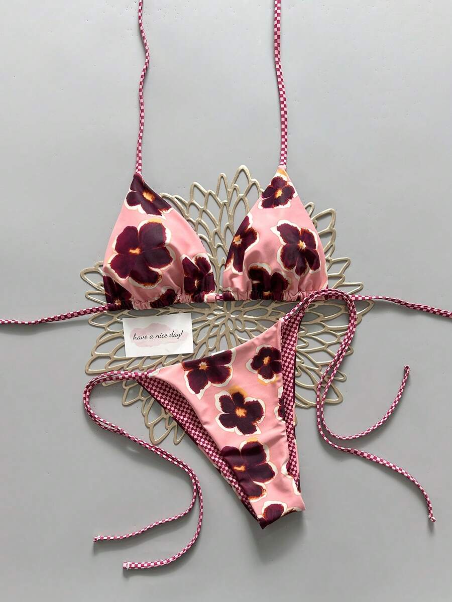 2pcs Retro Floral Colorblock Plaid Print Bikini Swimwear, Suitable For Beach, Pool, Cruise, Party In Spring & Summer Vacation