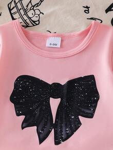 女婴夏季时尚套装（两件套）：蝴蝶结印花短袖T恤上衣和带3D蝴蝶结装饰的牛仔百褶裙 - 粉色 - 查看 6
